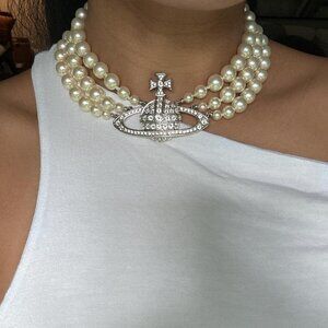 Three Row Pearl Bas Relief Choker Silver Necklace